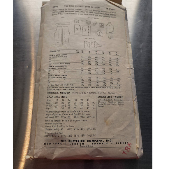 Vintage Butterick 6996 2 Pc‎ Pajamas Long or Short Bust 32 Size 14 - Picture 2 of 2